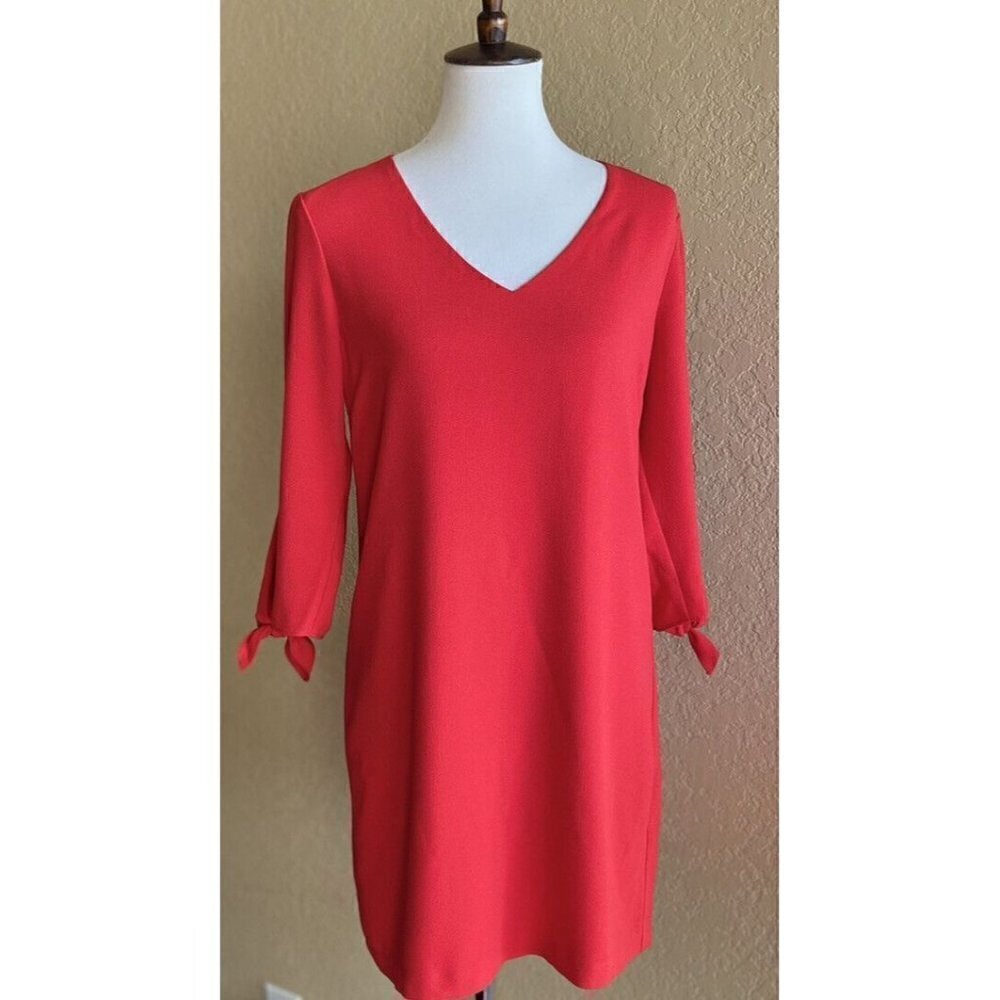 Charles Henry Red Women's Size Small S Tie Sleeve V-neck Crepe Shift Dress - Picture 6 of 11